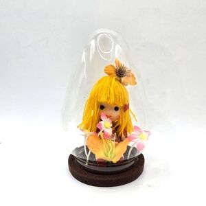 Flower Girl Figurine Doll cloche Dome Glass Blonde Red Dress Taiwan vintage 5" H